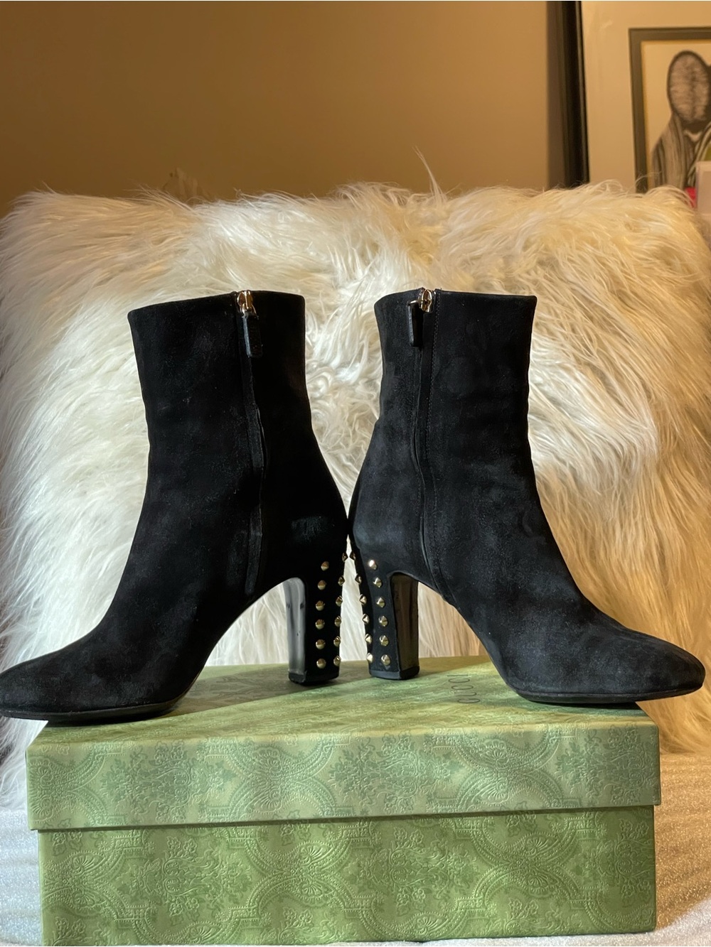 Authentic Gucci Stud-Trim Black Suede modern high quality leather Ankle Booties